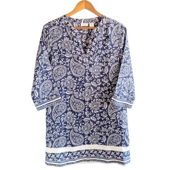Sigrid Olsen Blue White Paisley Floral Linen Mini Dress - Picture 1 of 4